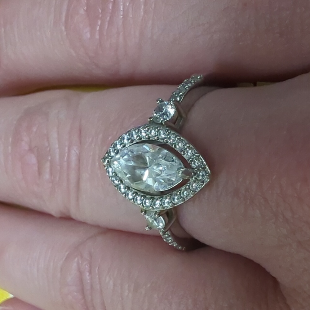 Diamonique 1.85 cttw. Marquise Platinum Plated Halo Ring Sz 10